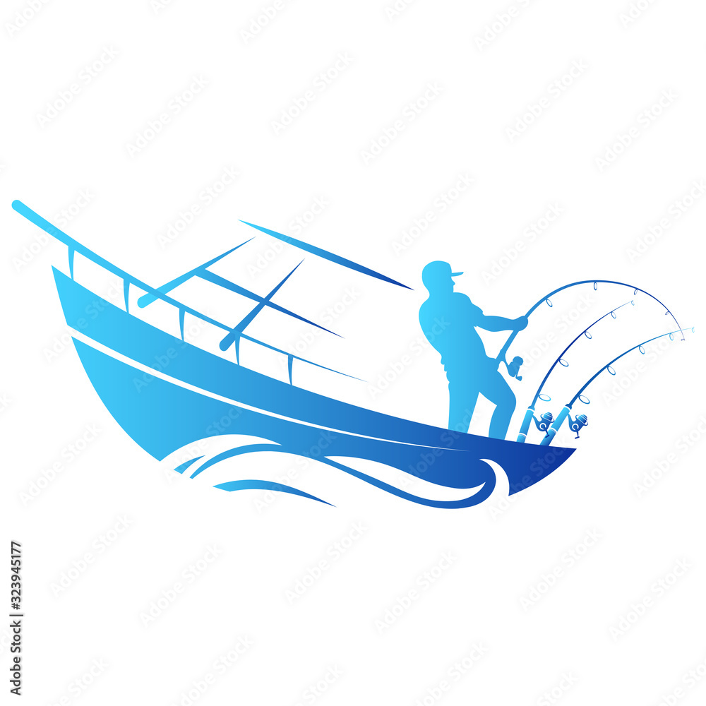 Man with fishing rods on a boat fishing illustration