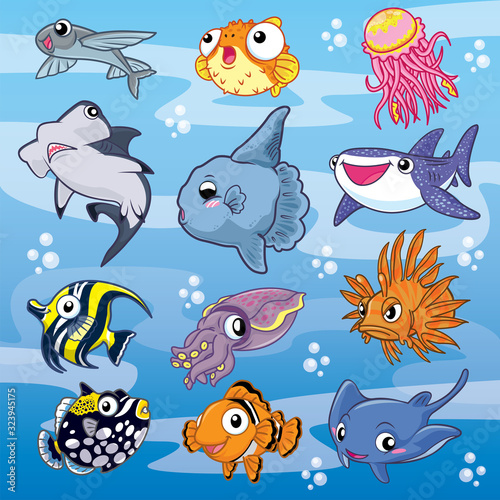 12 sea animals, cute vector, cute cartoon sea animals