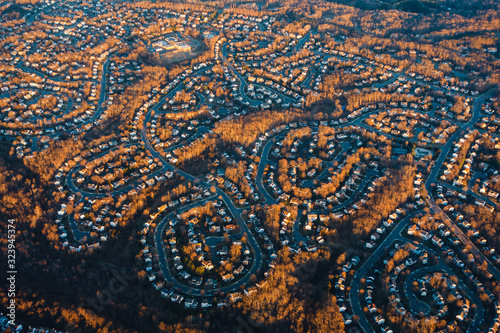 Aerial view of suburban neighborhood in the United States of America