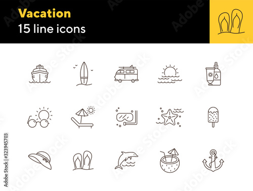 Vacation line icon set. Sunscreen lotion, sun bed, diving. Seaside concept. Can be used for topics like tropical resort, summer activities, holidays