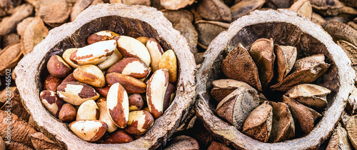 Brazil nuts inside the coconut. In portuguese castanha do pará, closed and open, on the market for sale. Background image, thematic Brazilian cuisine. photo