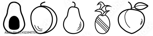 Naklejka Set of 5 fruits vegan icons for web and mobile. Farm and organic food. Avocado, peach, pear, pineapple, plum.