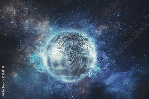 Papier peint Steampunk Pianeta terra tra metallo e ingranaggi