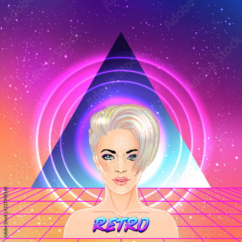 Portrait of a young pretty androgynous woman with short shaved pixie undercut in retro futurism style. Vector illustration in neon bright colors. Blue short hair. futuristic synth wave flyer template