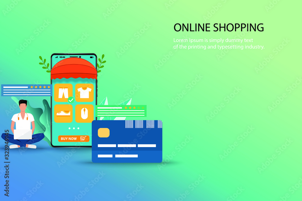 Business concept of online shopping, a man is searching on his laptop to find a new pant and sit near a big credit card and smartphone which contain list of products, customer rating and review.