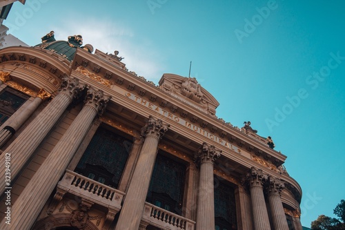 Low angle shot of the beautiful building of the Municipal Theatre in Rio de Janeiro