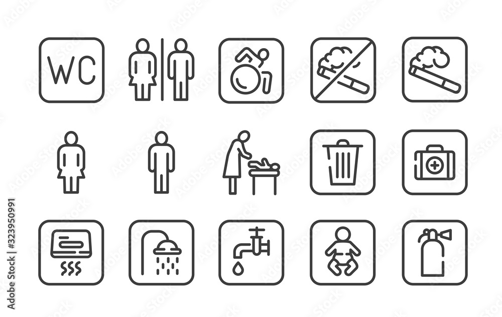 WC black line icons set. Unisex restroom. Public navigation. Pictograms ...