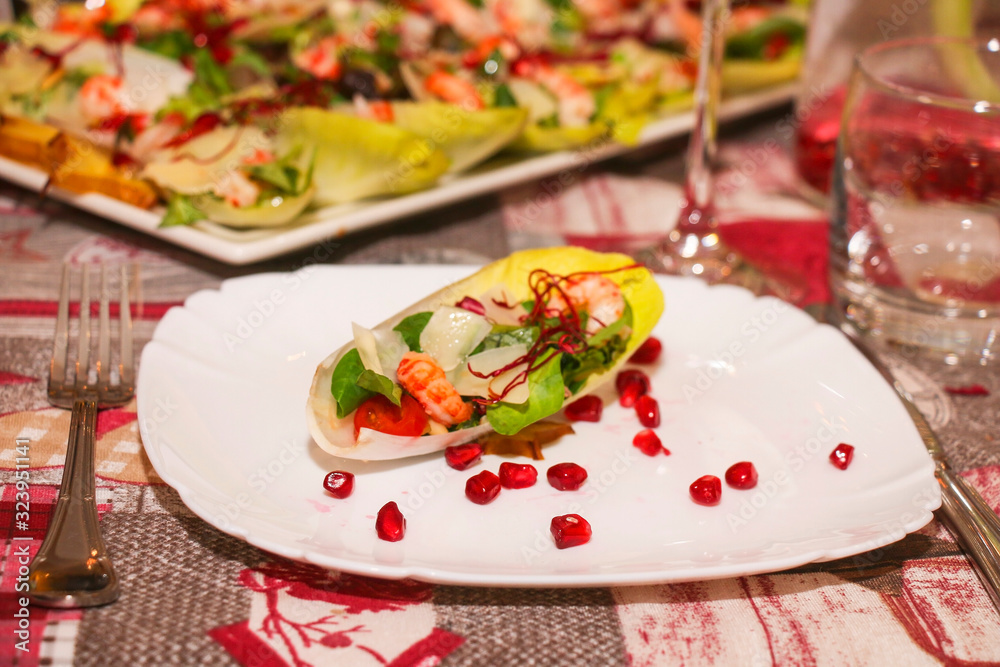 lunch, salad with shrimps and pomegranate