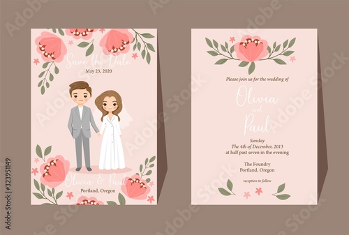 Save the Date.Cute Couple cartoon with floral wedding invitation card template