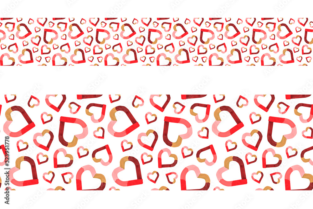 Hearts border on white background. Valentines Day seamless pattern. February 14th day. Love concept Hearts border on white background. Valentines Day seamless pattern. February 14th day. Love concept
