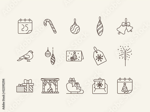 Xmas symbols line icon set. Bauble, Bengal fire, bell sign pack. Winter holidays concept. Vector illustration symbol elements for web design and apps