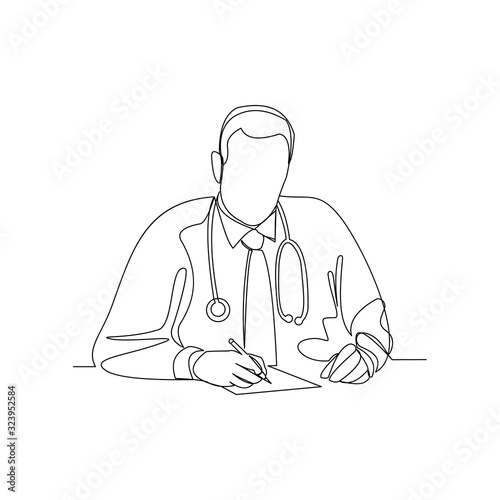 Continuous line drawing of man hospital doctor writing patient paper document. Vector illustration.