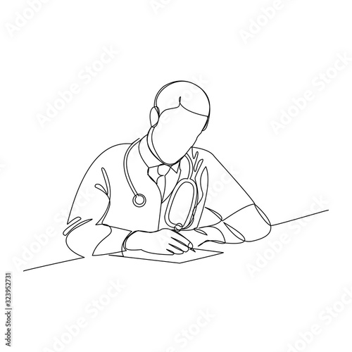 Continuous line drawing of man hospital doctor writing patient paper document. Vector illustration.