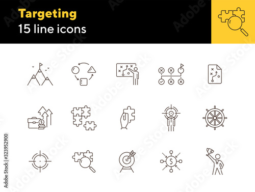 Targeting icon set. Line icons collection on white background. Strategy, achievement, success. Development concept. Can be used for topics like gamification, marketing, optimization