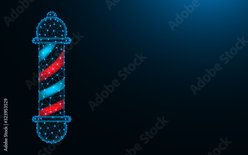 Barber pole made from points and lines on dark blue background, Barbershop wireframe mesh polygonal vector illustration