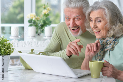 Close up portrait of happy senior couple with laptop