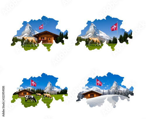 Viermal Schweizer Landkarte mit Matterhornmotiv