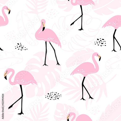 Cute seamless pattern with pink flamingos and tropical plants.