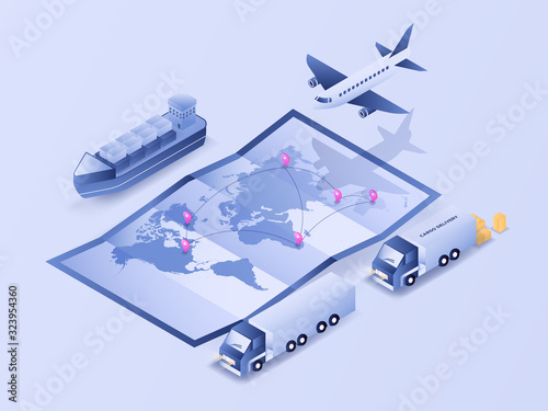 World map logistic tracking process via plane, truck, and shipping. 3D isometric illustration vector image
