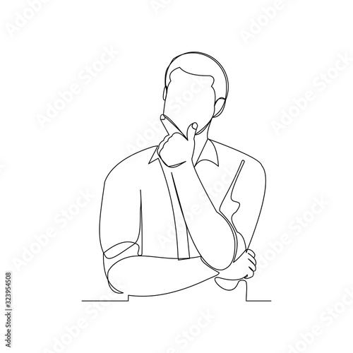 Continuous line drawing of thinking man. One line art of businessman thinking idea. Vector illustration