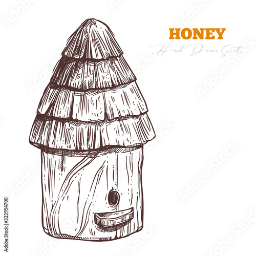 Hand drawn wooden bee hive with straw roof. Vector sketch for beekeeping and apiculture. Engraving illustration for honey and mead farm