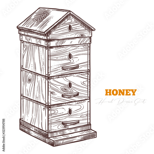 Photo Hand drawn wooden bee hive