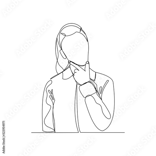 Continuous line drawing of thinking woman. One line art of business woman thinking idea. Vector illustration