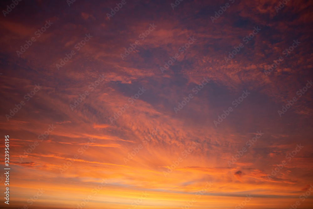 Fototapeta premium Beautiful colored cloudy skies in the colors blue, magenta, orange, purple, pink and yellow at sunrise in the Netherlands during the winter