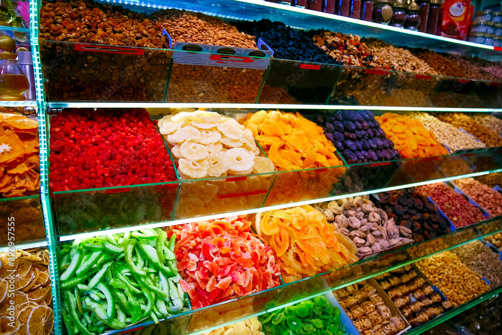 dried fruits at Grand bazaar, Istanbul, Turkey.Istanbul market with various dried fruits, shallow depth of field