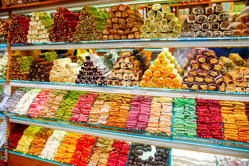 Delicious tasty turkish delight (sweets) and dried fruits at Grand bazaar, Istanbul, Turkey.