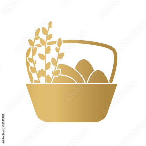 golden basket with easter eggs and willow twigs- vector illustration