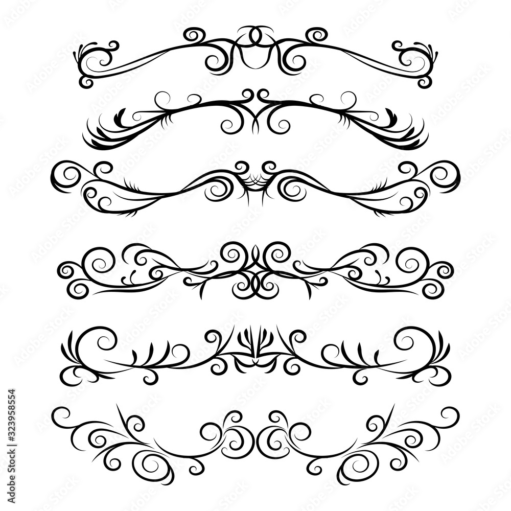 Hand drawn vector dividers. Decorative calligraphic swirls lines, borders and curl set. Design elements 9