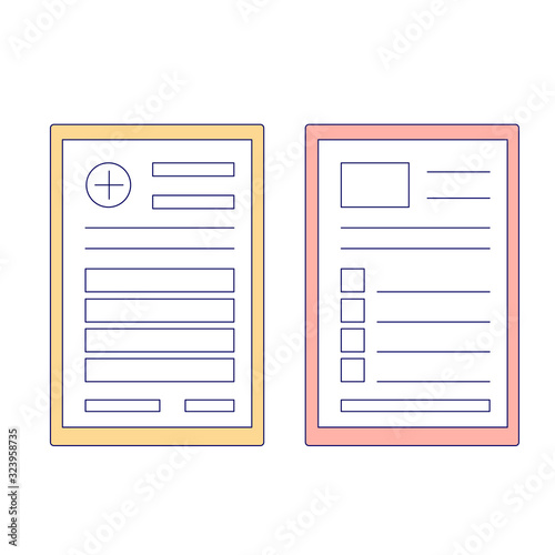 Health checkup healthcare concept. Medical form, report. Clipboard with cross, pen. Informed consent, prescription, claim form, health insurance, clinical record concepts. Modern flat design.