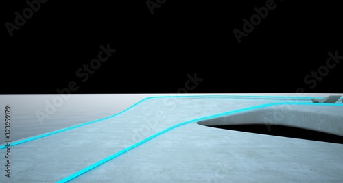 Abstract architectural concrete interior of a minimalist house with colored neon lighting. 3D illustration and rendering.