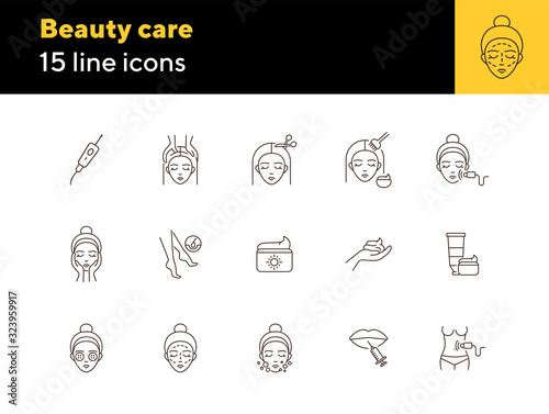 Beauty care line icon set. Woman, cream, hairdressing. Beautician concept. Can be used for topics like beauty salon, self care, rejuvenation