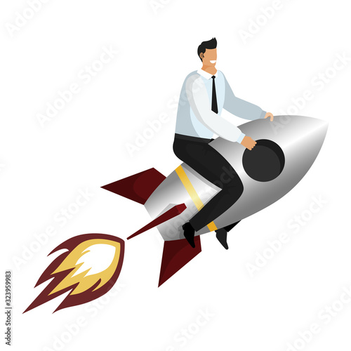 Businessman in a tie, trousers and white shirt riding a rocket takes off into the sky