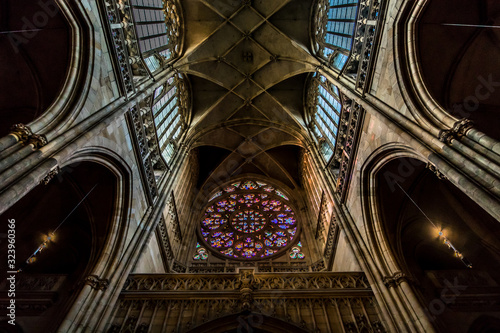 Prague  Czech Republic  Colorful religious stained glass window inside St. Vitus Cathedral 