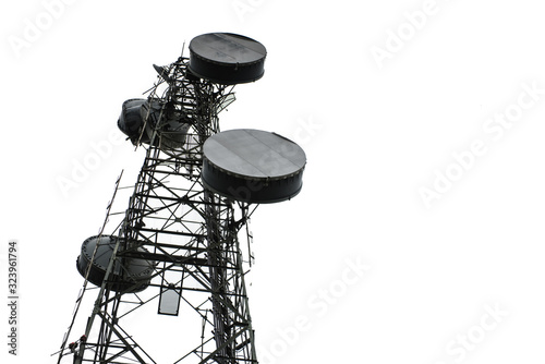 Communication transmitter tower with antenna such a Mobile phone tower, Cellphone Tower, Phone Pole etc on the clear blue sky background with copy space for text, today wide area technology concept. photo