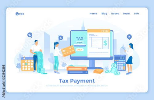 Tax payment. State Government taxation, calculation of tax return. Online payment service. People count bills and pay online via electronic form. landing web page design template with people.