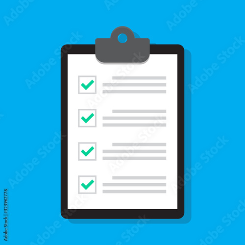 Clipboard or checklist icon in flat style. Done, tick, checkmark, approved signs. Task list, audit report and check symbols. Checklist for modern website, app and logo designs.