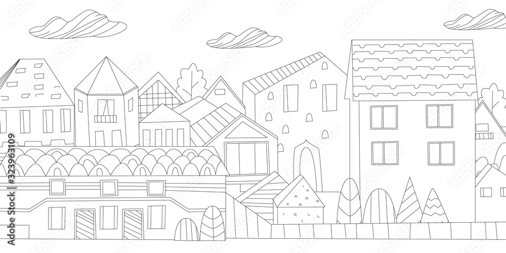 cityscape with cute simple houses, abstract trees, fence, little