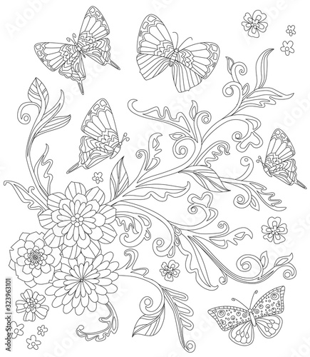 pattern with flowering plant and flying butterflies around. outl