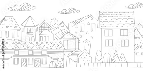 cityscape with cute simple houses, abstract trees, fence, little
