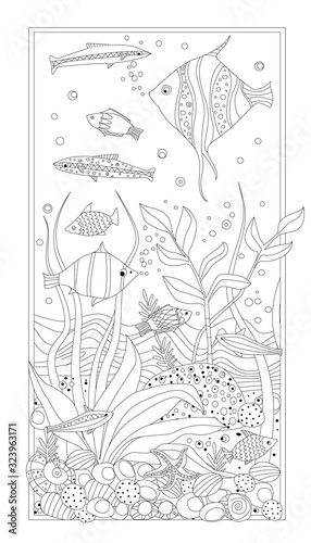 vertical abstract frame with cute swimming fishes, seaweed, star