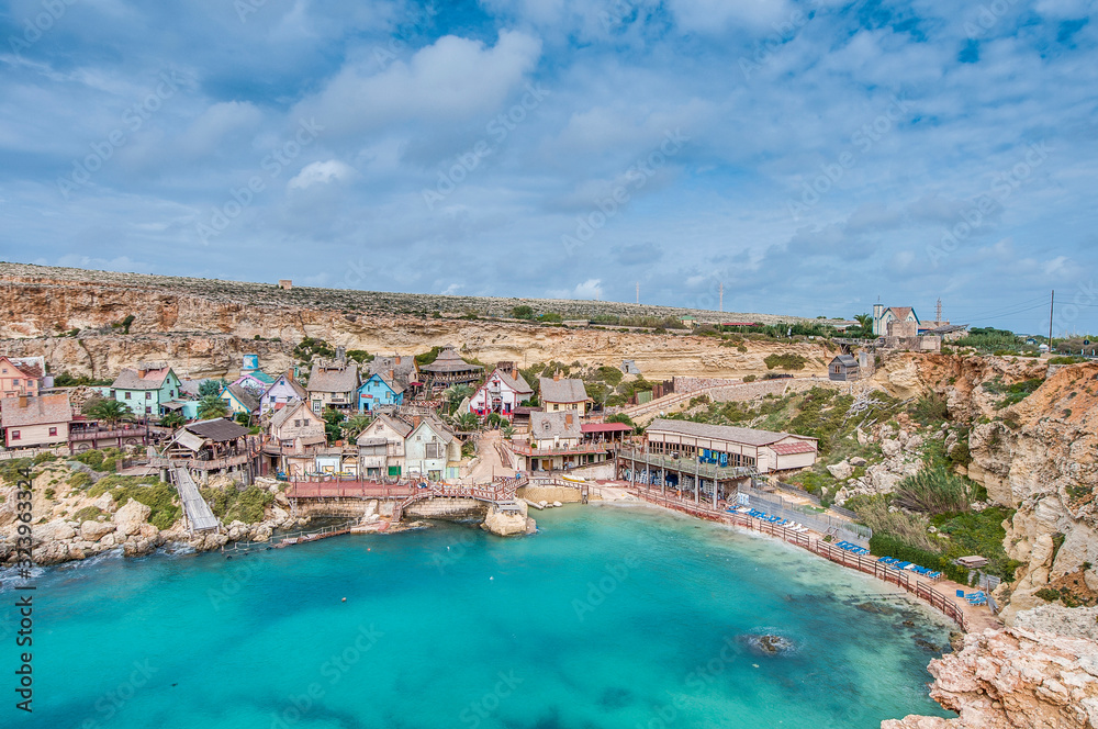 Popeye Village at Anchor Bay in Malta - obrazy, fototapety, plakaty 