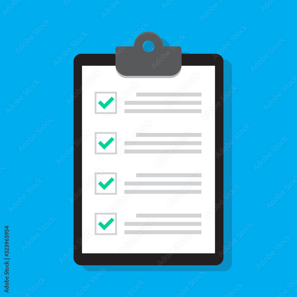 Clipboard or checklist icon in flat style. Done, tick, checkmark, approved signs. Task list, audit report and check symbols. Checklist for modern website, app and logo designs.