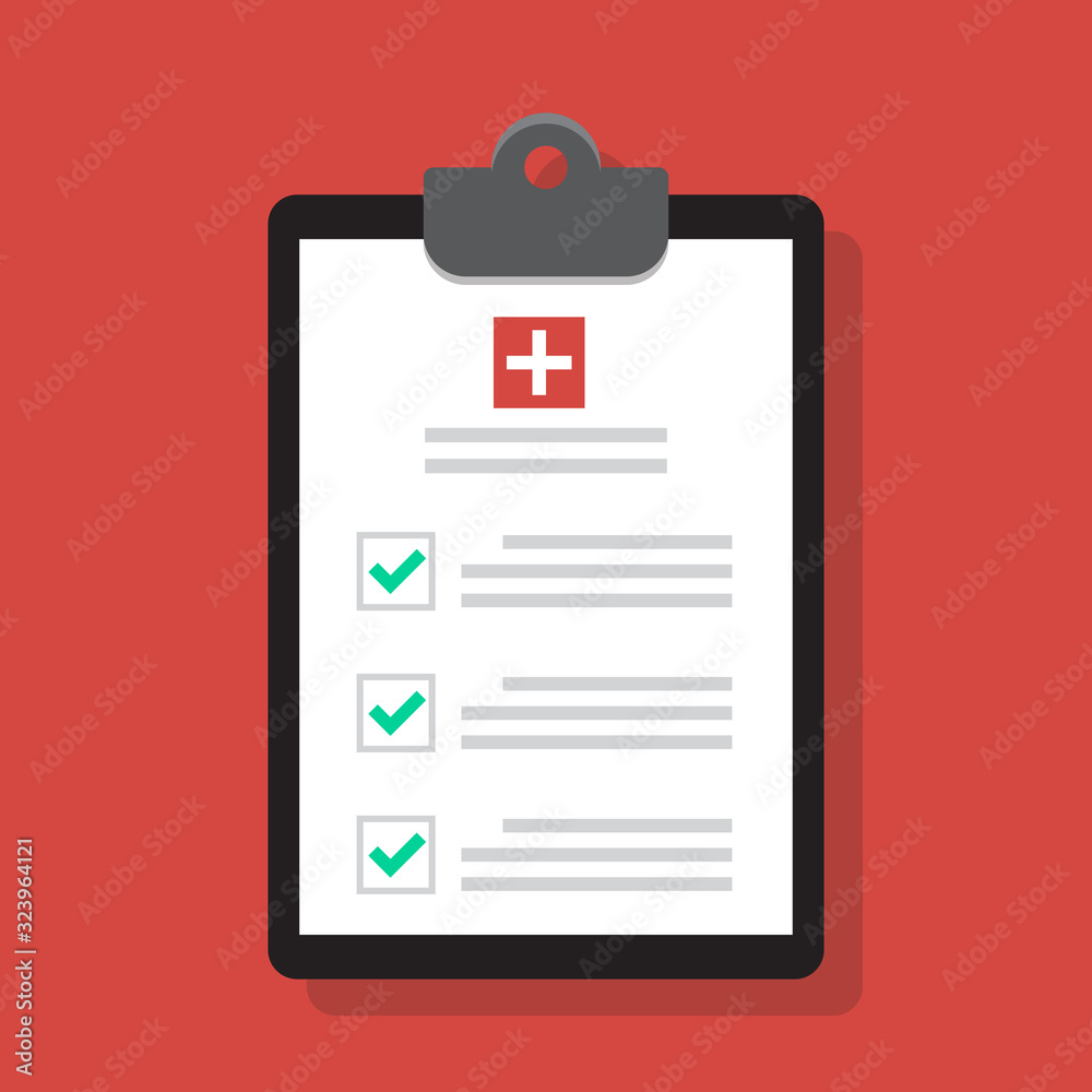 Medical report icon in flat style. Checklist, clipboard with plus sign ...