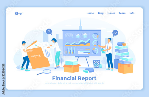 Financial Report. Accounting, analysis, audit, statement, results. The auditor checks the documents of the company. Financial reporting team prepares the annual financial statements. landing web page 