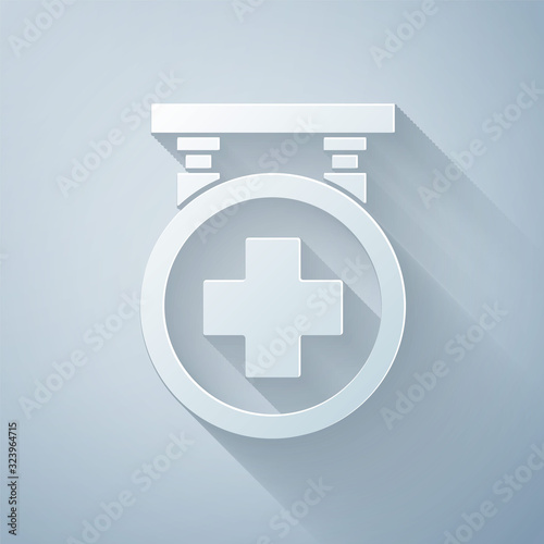 Paper cut Hospital signboard icon isolated on grey background. Paper art style. Vector Illustration