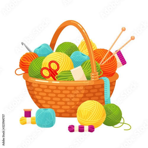 Basket with knitting balls, bright decorative home hobby